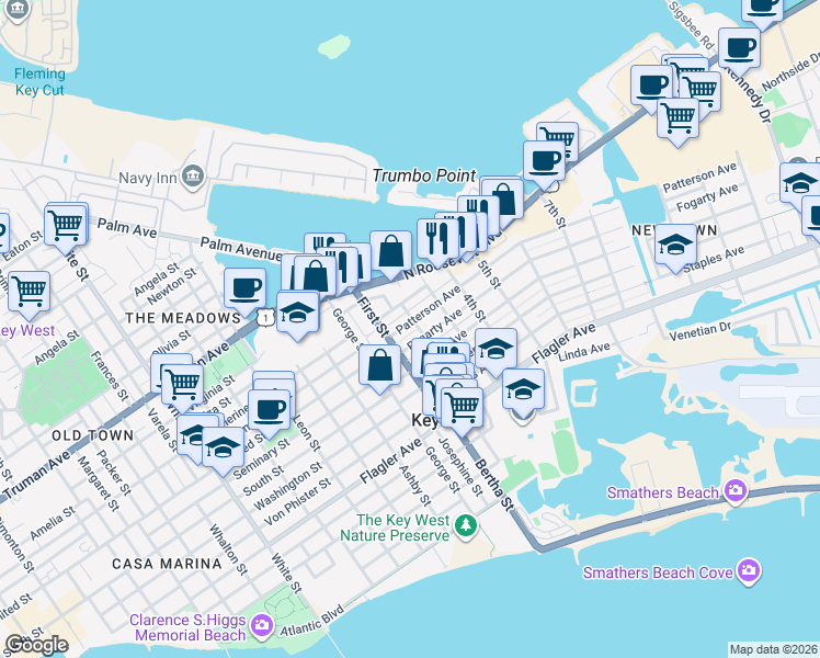 map of restaurants, bars, coffee shops, grocery stores, and more near 1917 Fogarty Avenue in Key West