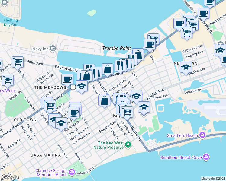 map of restaurants, bars, coffee shops, grocery stores, and more near 1917 Fogarty Avenue in Key West