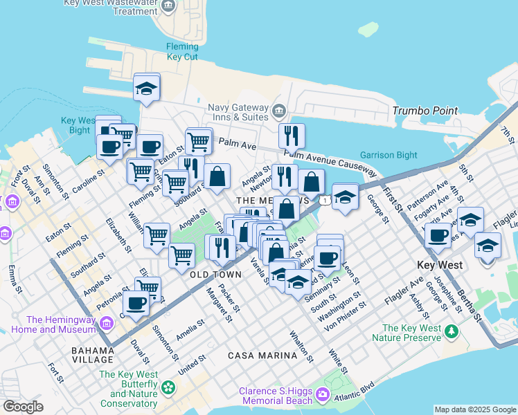 map of restaurants, bars, coffee shops, grocery stores, and more near 1315 Olivia Street in Key West