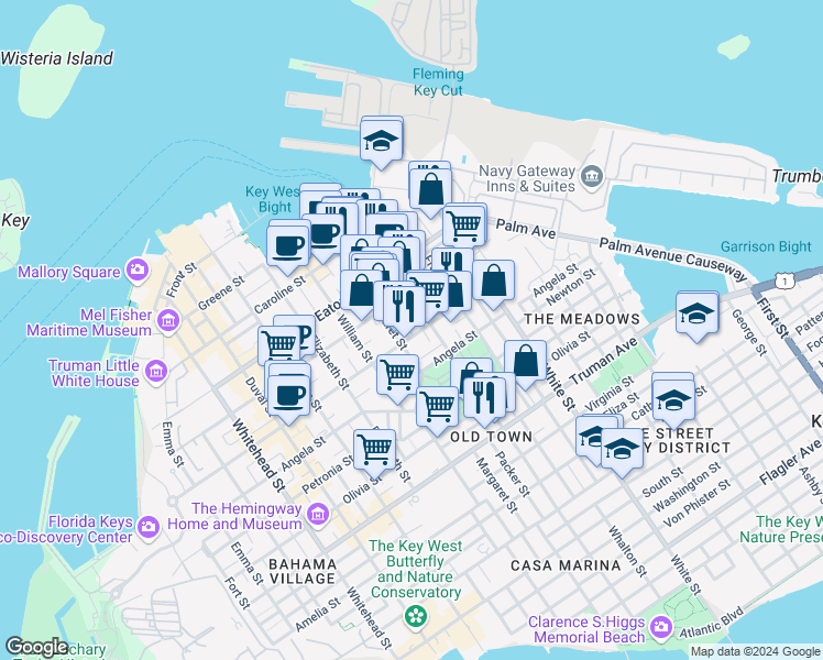 map of restaurants, bars, coffee shops, grocery stores, and more near 608 Griffin Lane in Key West
