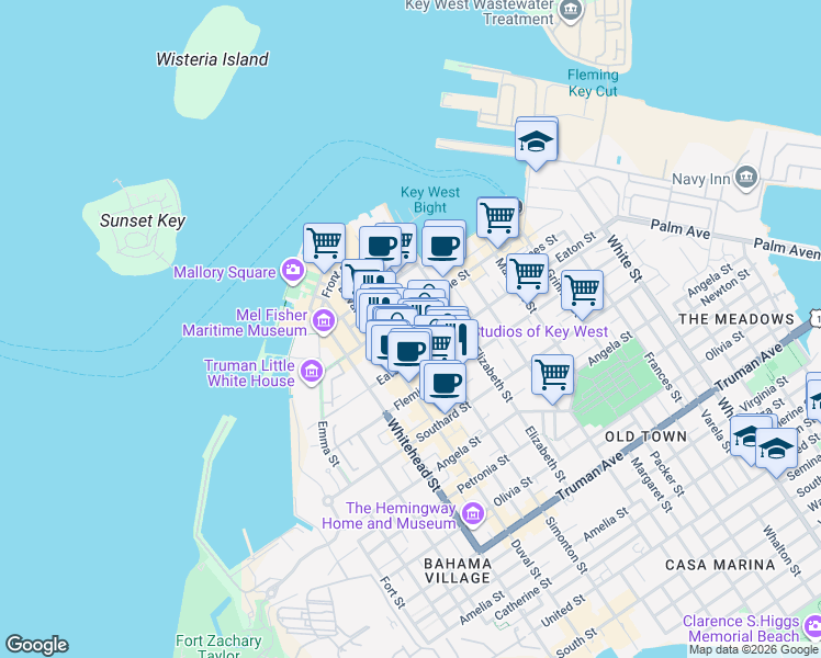 map of restaurants, bars, coffee shops, grocery stores, and more near 328 Simonton Street in Key West