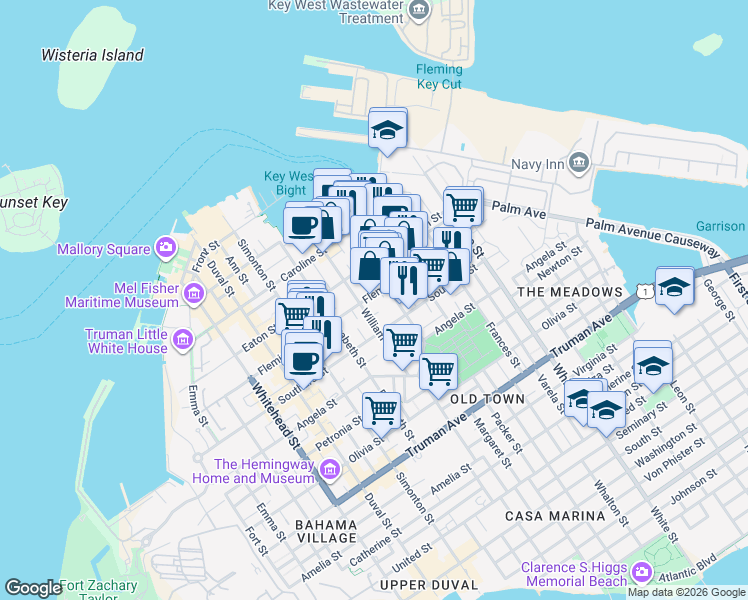 map of restaurants, bars, coffee shops, grocery stores, and more near 812 Fleming Street in Key West