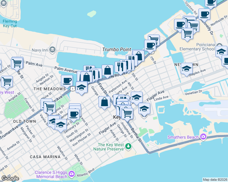 map of restaurants, bars, coffee shops, grocery stores, and more near 1917 Fogarty Avenue in Key West