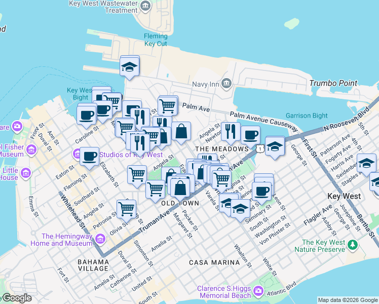 map of restaurants, bars, coffee shops, grocery stores, and more near 706 White Street in Key West