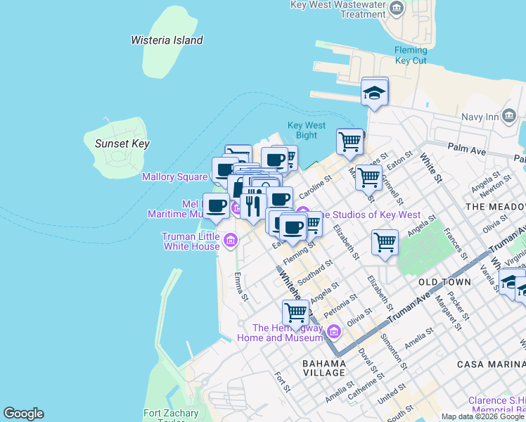 map of restaurants, bars, coffee shops, grocery stores, and more near 409 Caroline Street in Key West