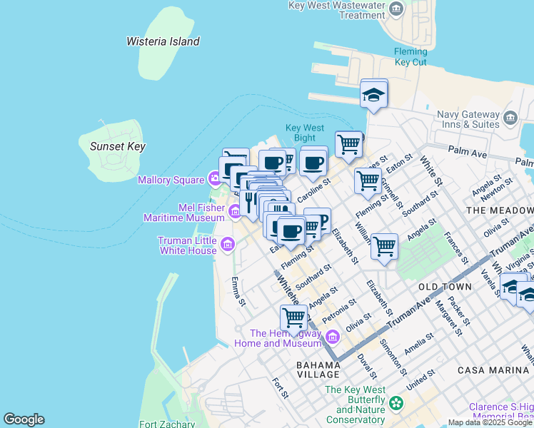 map of restaurants, bars, coffee shops, grocery stores, and more near 305 Duval Street in Key West