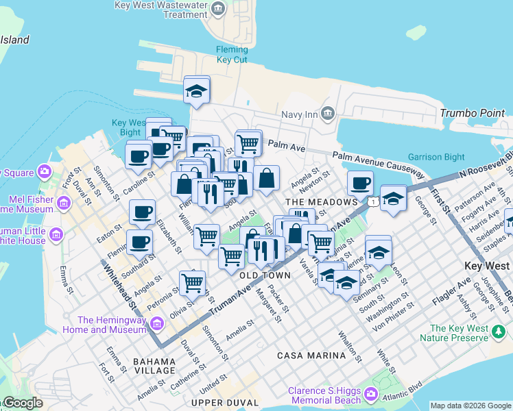 map of restaurants, bars, coffee shops, grocery stores, and more near 3 Catholic Lane in Key West