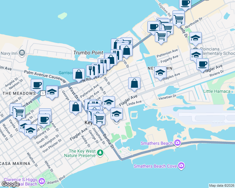 map of restaurants, bars, coffee shops, grocery stores, and more near 2215 Staples Avenue in Key West