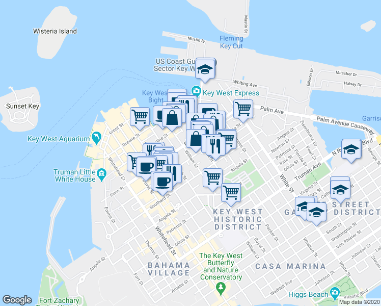map of restaurants, bars, coffee shops, grocery stores, and more near 726 Fleming Street in Key West