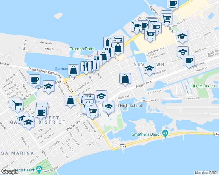 map of restaurants, bars, coffee shops, grocery stores, and more near 2215 Staples Avenue in Key West