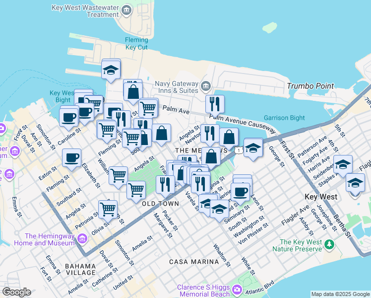 map of restaurants, bars, coffee shops, grocery stores, and more near 1304 Angela Street in Key West