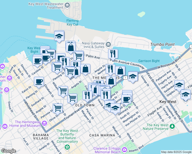 map of restaurants, bars, coffee shops, grocery stores, and more near 1304 Angela Street in Key West
