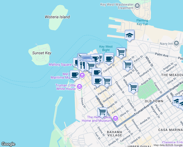 map of restaurants, bars, coffee shops, grocery stores, and more near 119 Duval Street in Key West