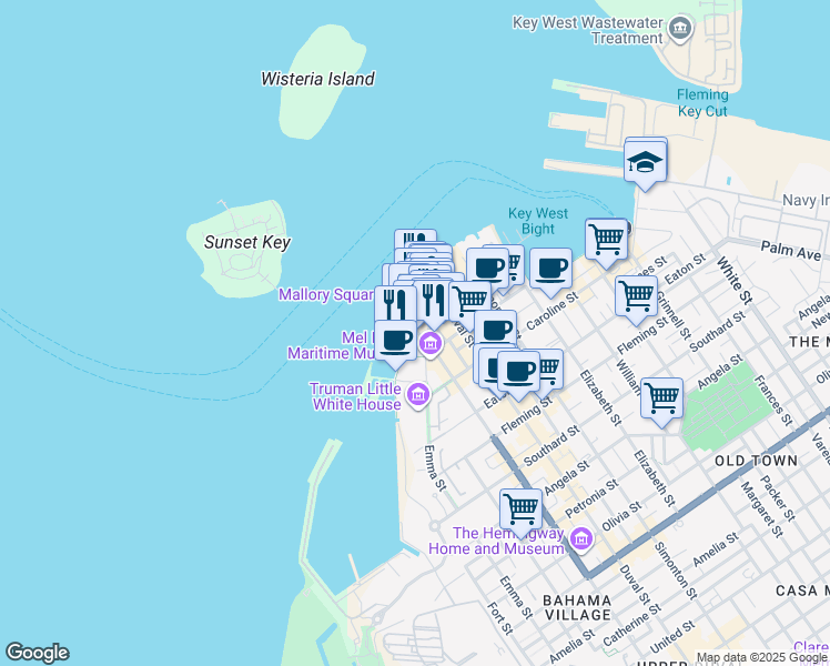 map of restaurants, bars, coffee shops, grocery stores, and more near 401 Wall St in Key West