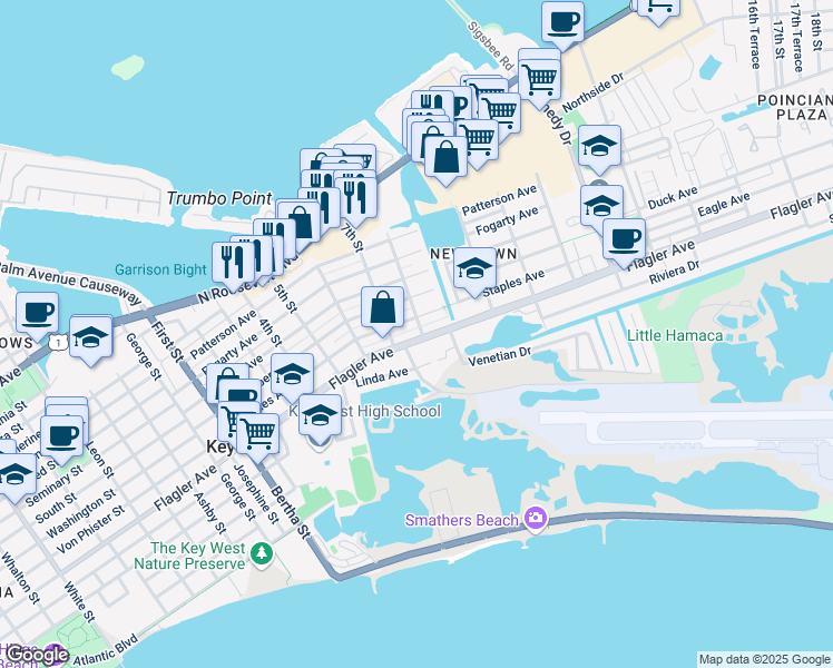 map of restaurants, bars, coffee shops, grocery stores, and more near 2513 Staples Avenue in Key West