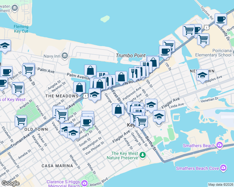 map of restaurants, bars, coffee shops, grocery stores, and more near Vivian Street in Key West