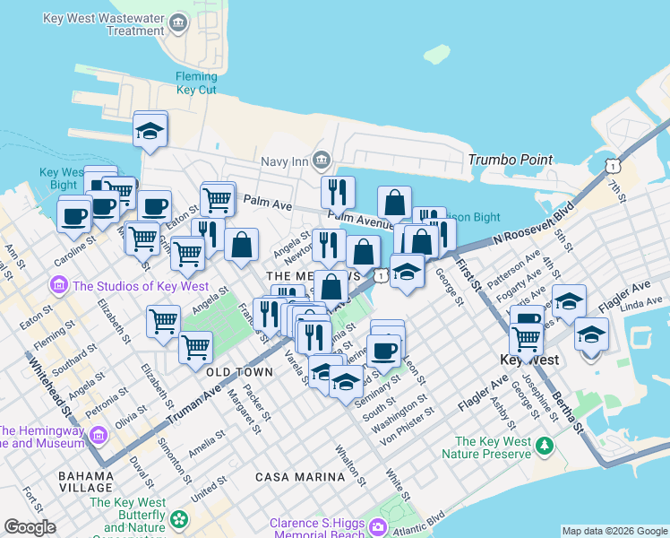 map of restaurants, bars, coffee shops, grocery stores, and more near 1513 Pine Street in Key West