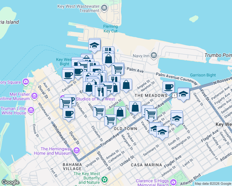 map of restaurants, bars, coffee shops, grocery stores, and more near 1107 Southard Street in Key West