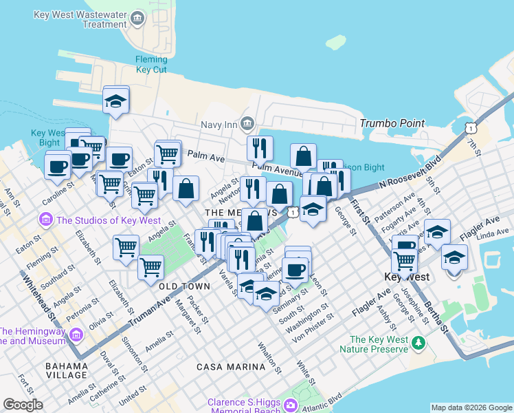 map of restaurants, bars, coffee shops, grocery stores, and more near 1513 Pine Street in Key West