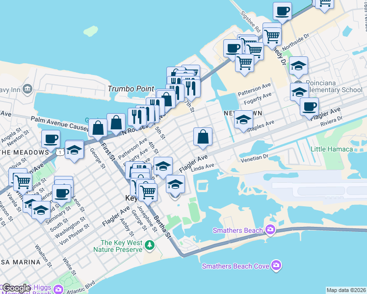 map of restaurants, bars, coffee shops, grocery stores, and more near 2322 Harris Avenue in Key West
