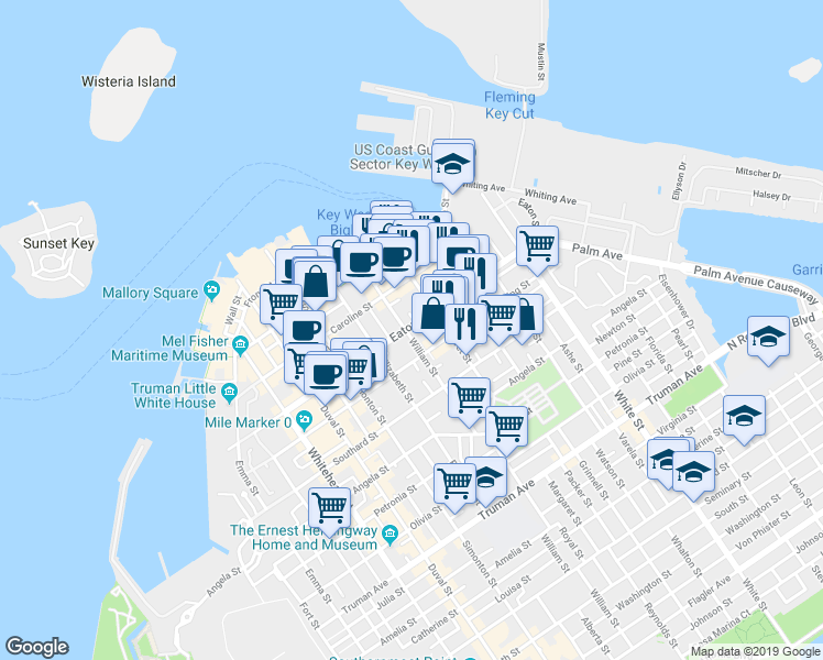 map of restaurants, bars, coffee shops, grocery stores, and more near 815 Eaton Street in Key West