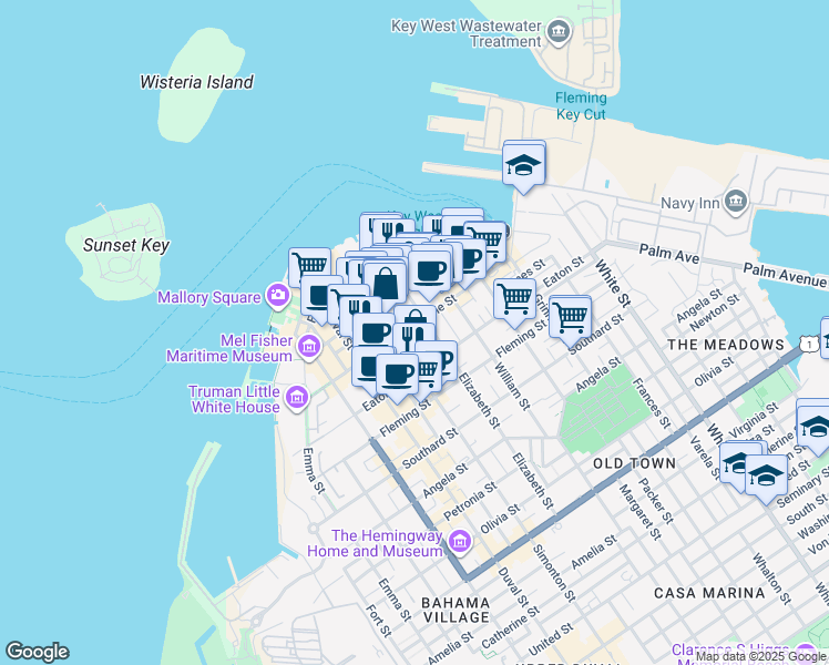 map of restaurants, bars, coffee shops, grocery stores, and more near 621 Caroline Street in Key West