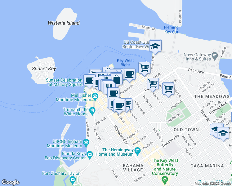 map of restaurants, bars, coffee shops, grocery stores, and more near 220 Simonton Street in Key West