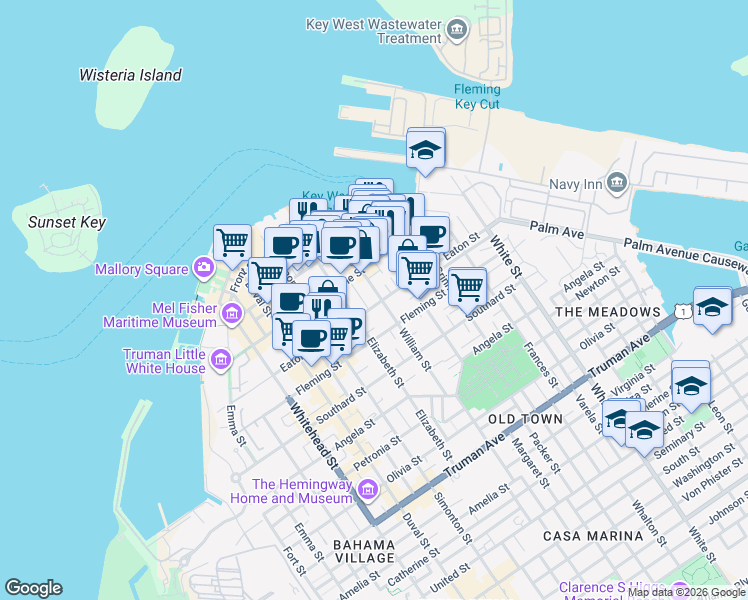 map of restaurants, bars, coffee shops, grocery stores, and more near 727 Eaton Street in Key West