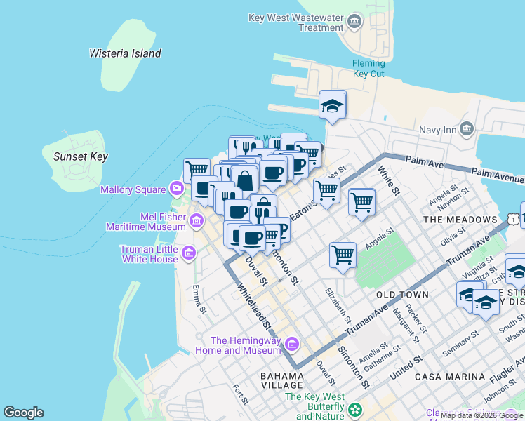map of restaurants, bars, coffee shops, grocery stores, and more near 621 Caroline Street in Key West