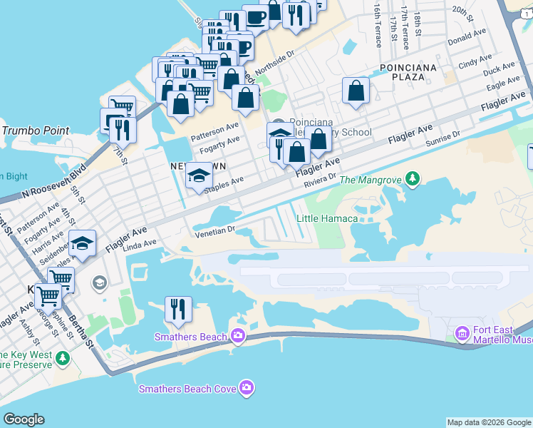 map of restaurants, bars, coffee shops, grocery stores, and more near 3001 Venetian Drive in Key West