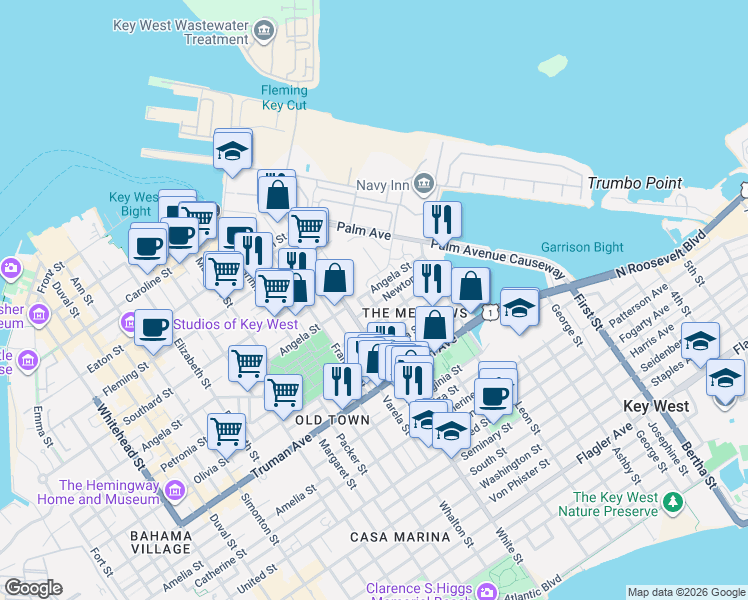 map of restaurants, bars, coffee shops, grocery stores, and more near 1304 Angela Street in Key West
