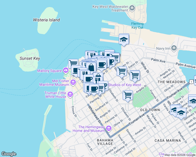 map of restaurants, bars, coffee shops, grocery stores, and more near 621 Caroline Street in Key West