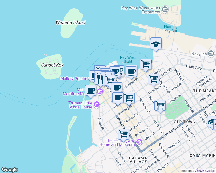 map of restaurants, bars, coffee shops, grocery stores, and more near 119 Duval Street in Key West
