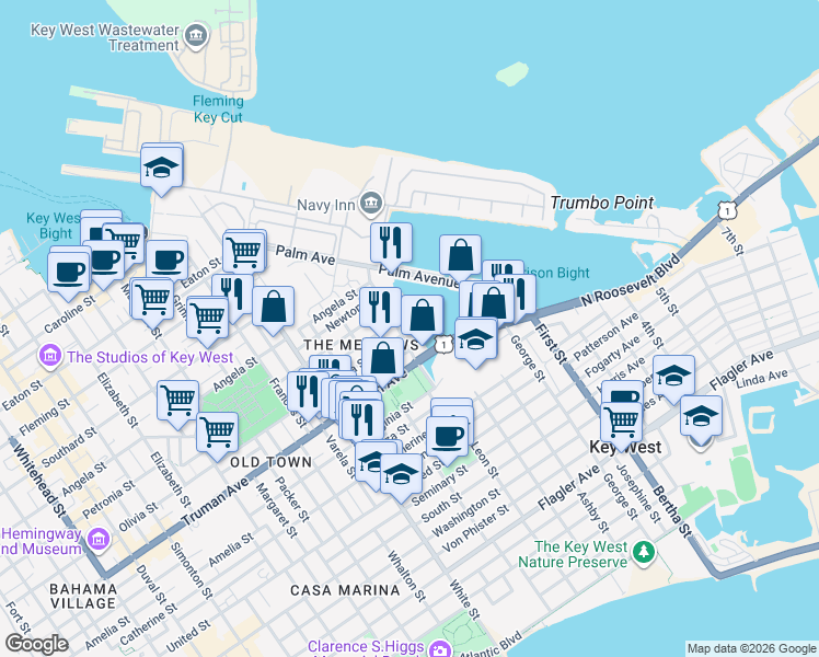 map of restaurants, bars, coffee shops, grocery stores, and more near 1513 Pine Street in Key West