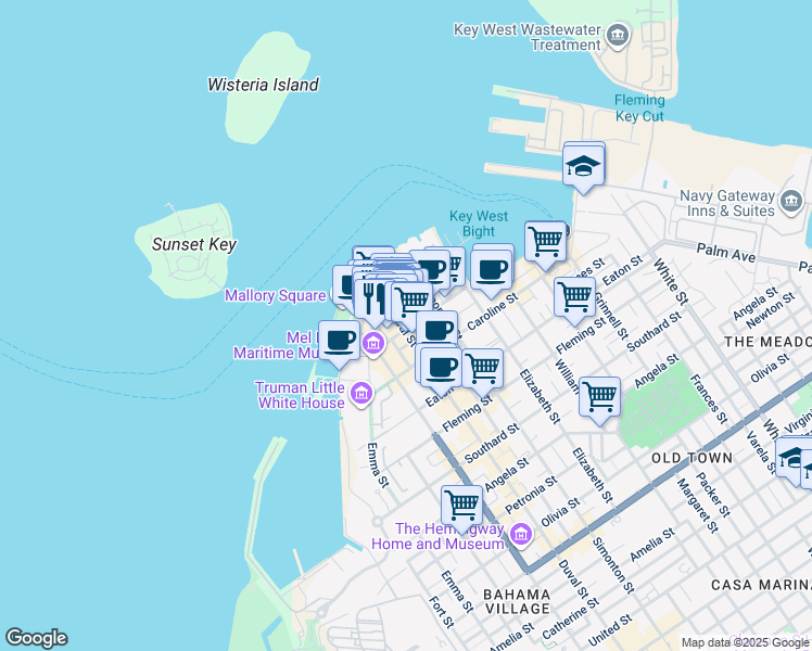 map of restaurants, bars, coffee shops, grocery stores, and more near 119 Duval Street in Key West