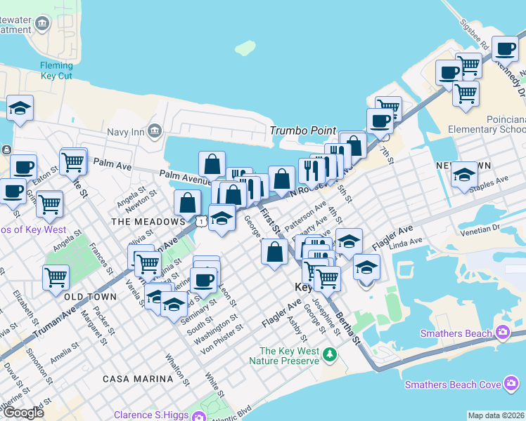 map of restaurants, bars, coffee shops, grocery stores, and more near Vivian Street in Key West