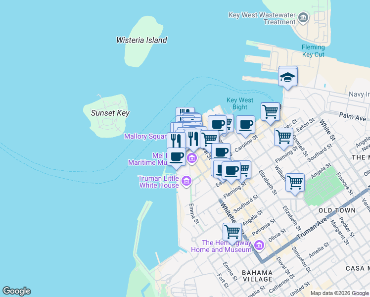 map of restaurants, bars, coffee shops, grocery stores, and more near 400 Wall Street in Key West