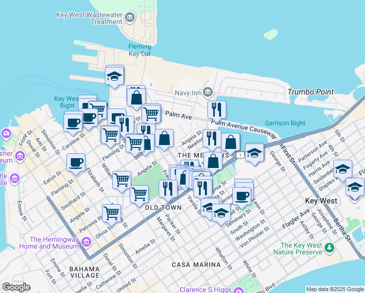 map of restaurants, bars, coffee shops, grocery stores, and more near 1304 Angela Street in Key West