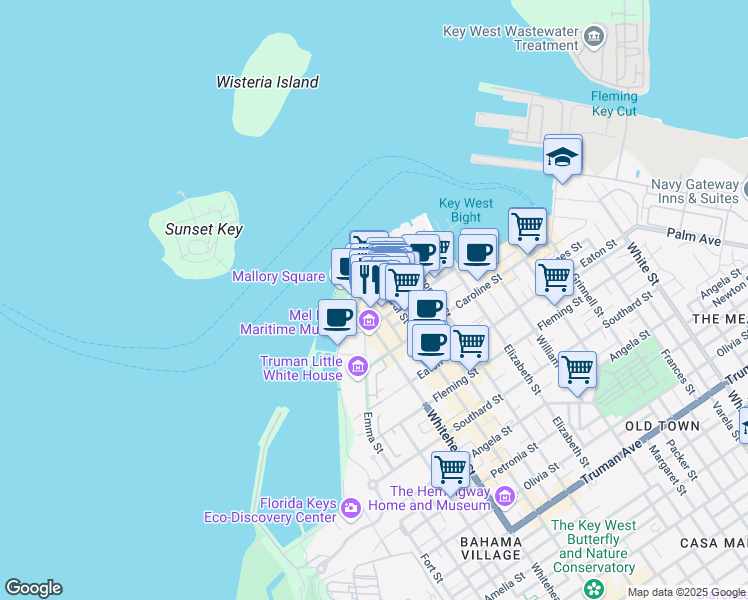 map of restaurants, bars, coffee shops, grocery stores, and more near 119 Duval Street in Key West