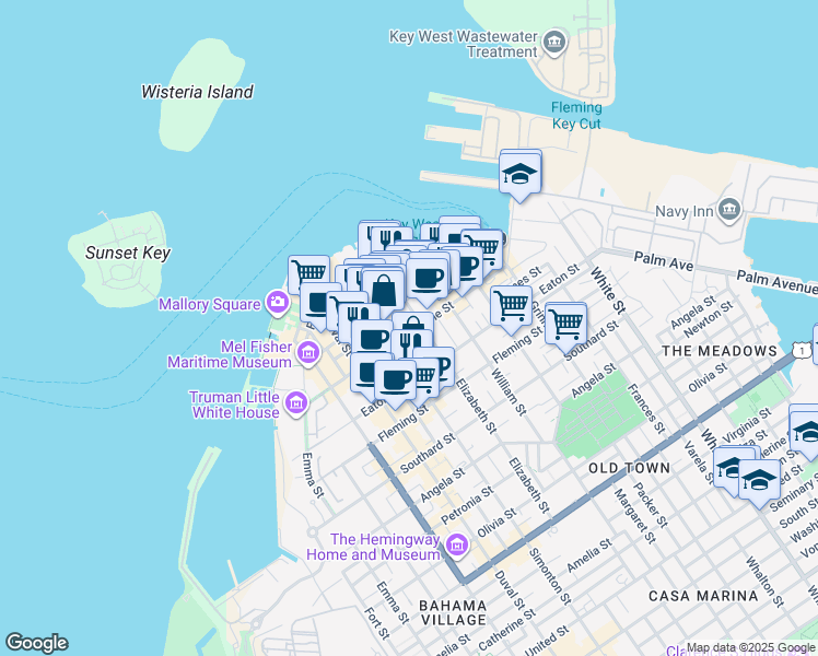map of restaurants, bars, coffee shops, grocery stores, and more near 621 Caroline Street in Key West
