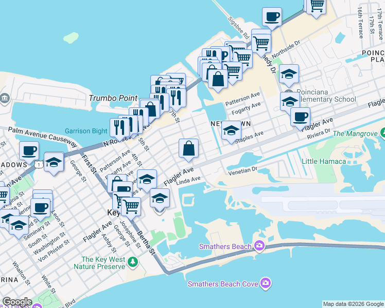 map of restaurants, bars, coffee shops, grocery stores, and more near 2513 Staples Avenue in Key West