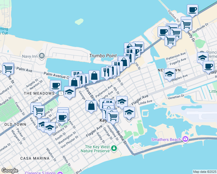 map of restaurants, bars, coffee shops, grocery stores, and more near 2107 Patterson Avenue in Key West