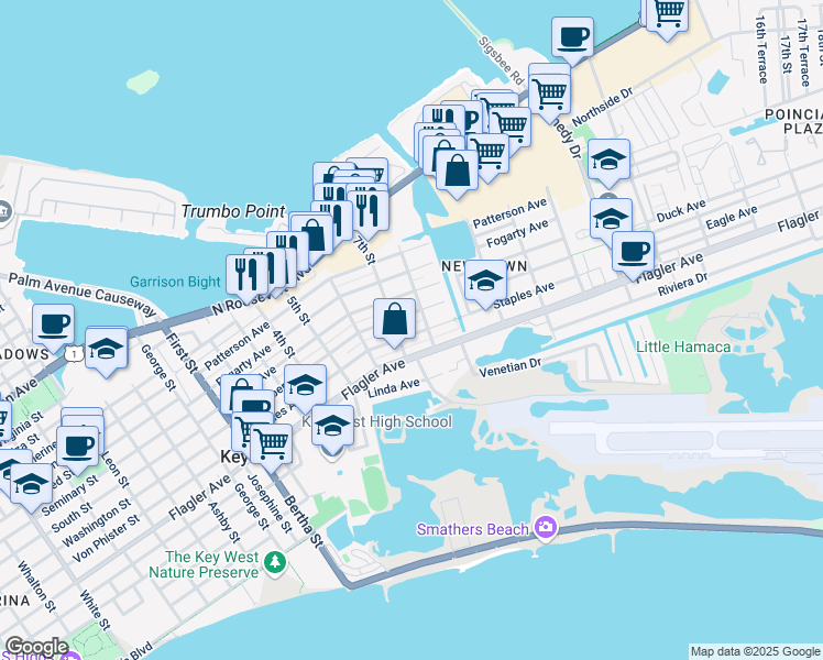 map of restaurants, bars, coffee shops, grocery stores, and more near 2513 Staples Avenue in Key West