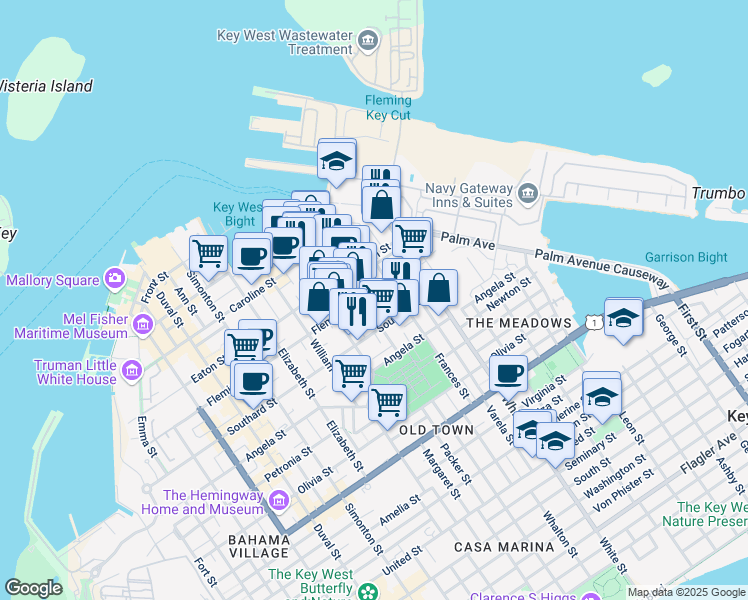 map of restaurants, bars, coffee shops, grocery stores, and more near 1008 Fleming Street in Key West