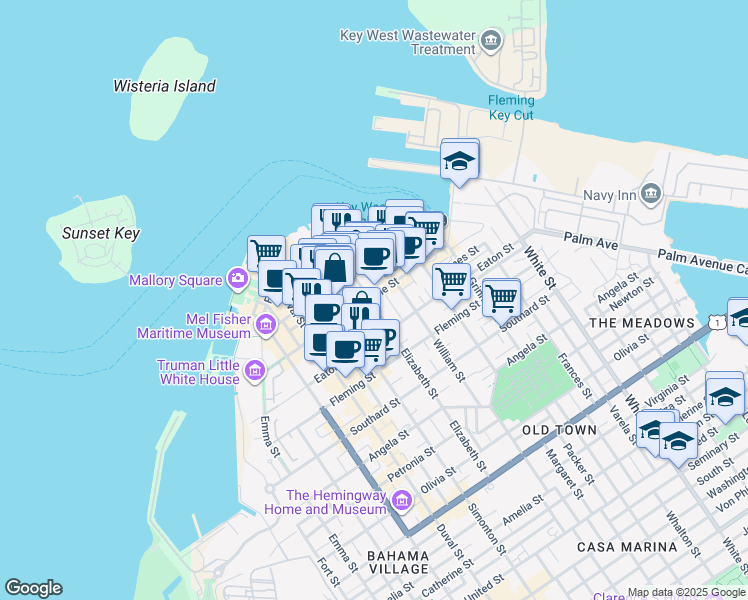 map of restaurants, bars, coffee shops, grocery stores, and more near 301 Elizabeth Street in Key West