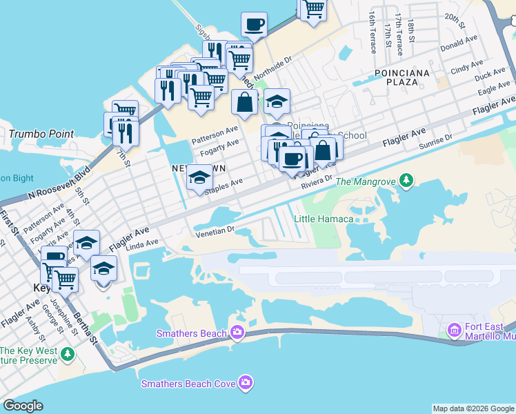 map of restaurants, bars, coffee shops, grocery stores, and more near 2904 Riviera Drive in Key West