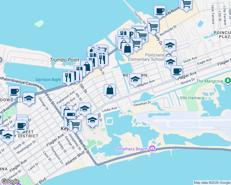 map of restaurants, bars, coffee shops, grocery stores, and more near 2513 Staples Avenue in Key West