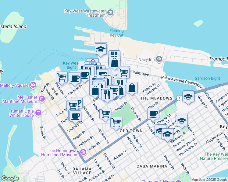 map of restaurants, bars, coffee shops, grocery stores, and more near 1008 Fleming Street in Key West