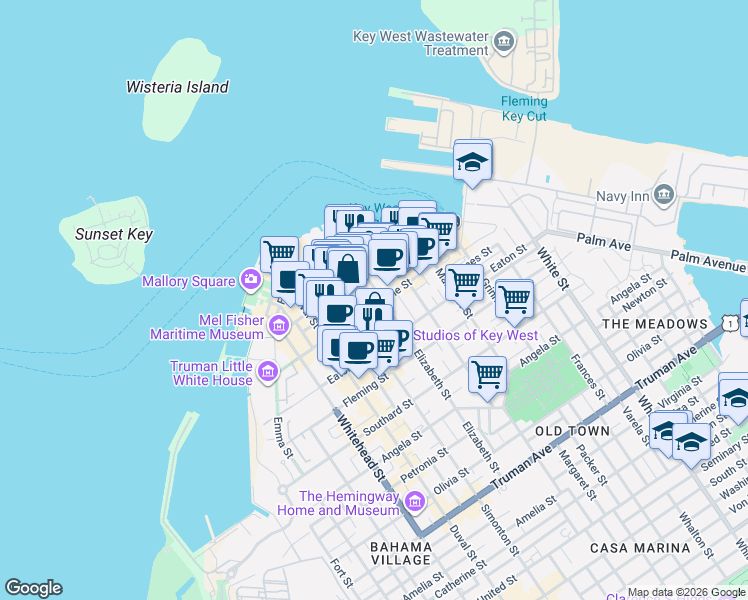 map of restaurants, bars, coffee shops, grocery stores, and more near 621 Caroline Street in Key West