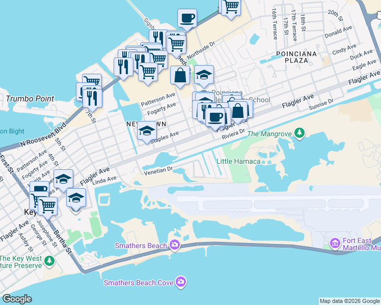 map of restaurants, bars, coffee shops, grocery stores, and more near 2904 Riviera Drive in Key West